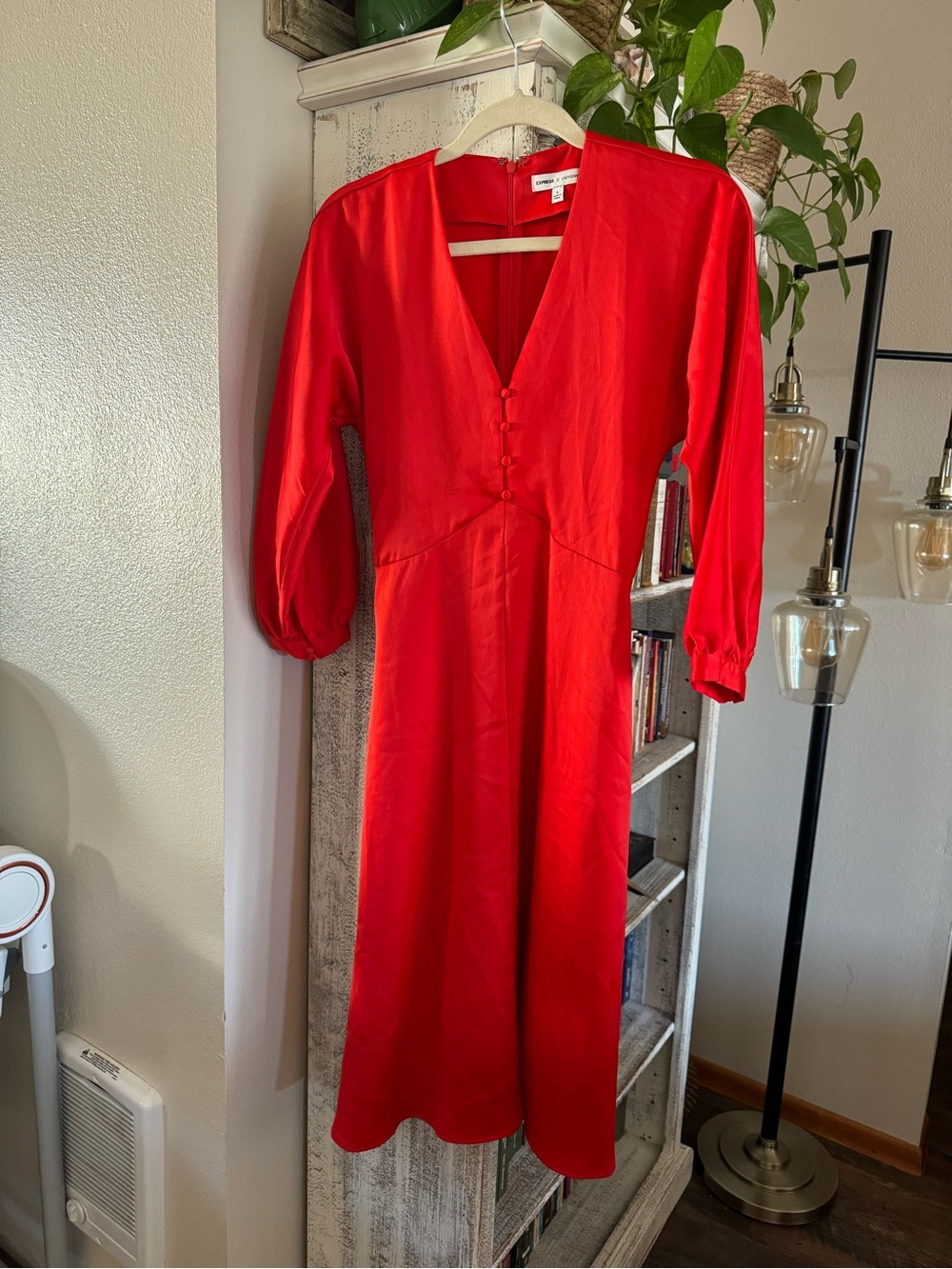 Express Red V-Neck Midi Dress with Button Front